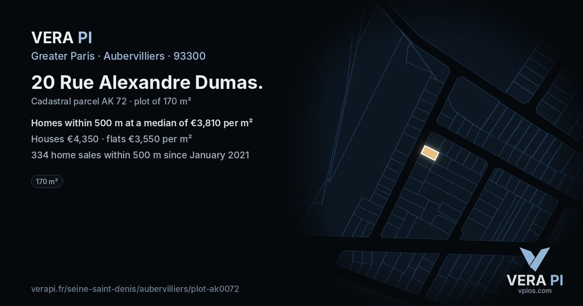 20 Rue Alexandre Dumas, Aubervilliers at night – the plot lit, the parcels around coloured by the prices near them