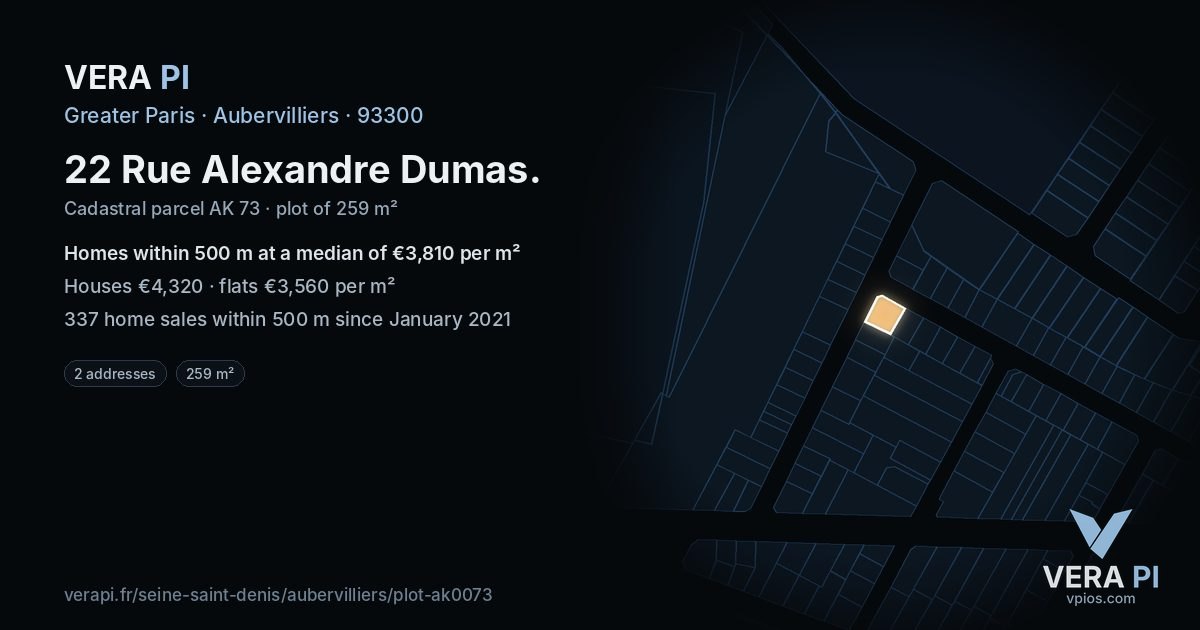 22 Rue Alexandre Dumas, Aubervilliers at night – the plot lit, the parcels around coloured by the prices near them