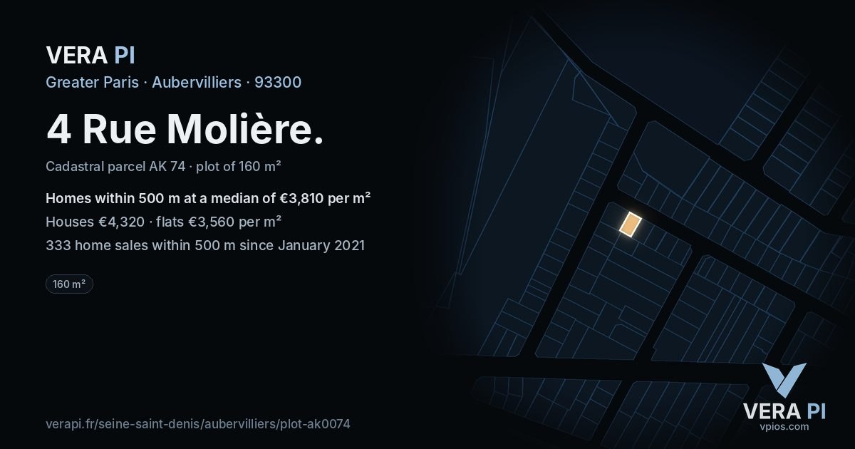 4 Rue Molière, Aubervilliers at night – the plot lit, the parcels around coloured by the prices near them