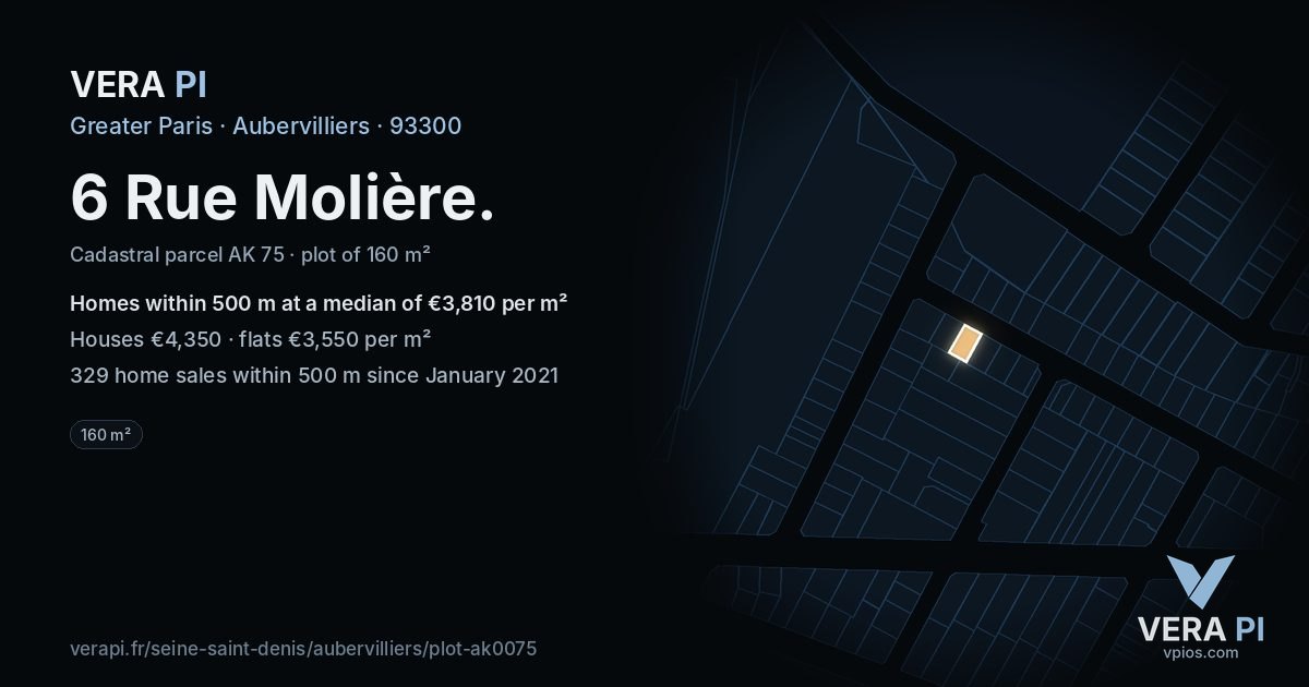 6 Rue Molière, Aubervilliers at night – the plot lit, the parcels around coloured by the prices near them