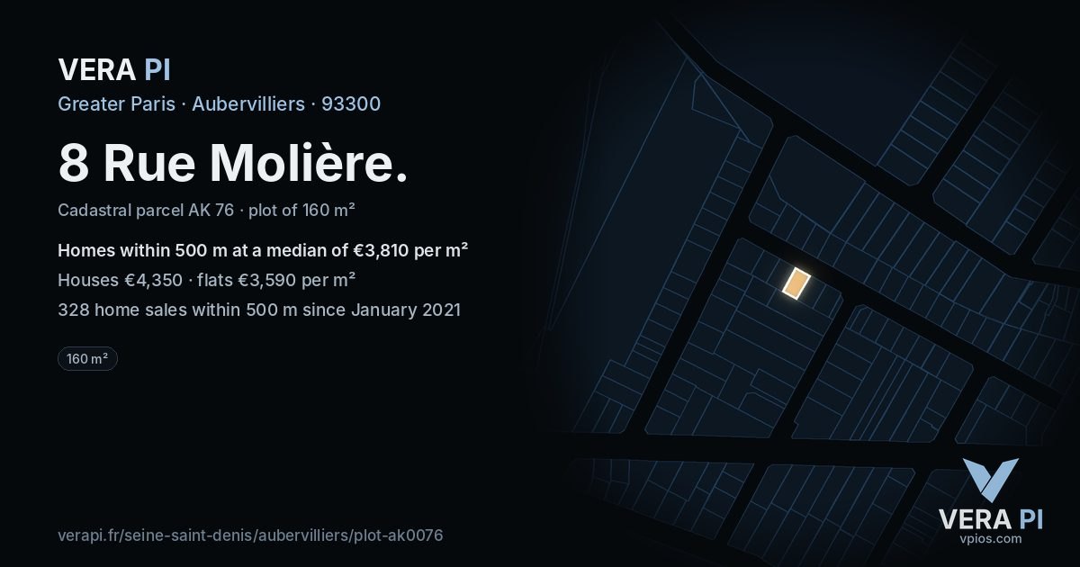 8 Rue Molière, Aubervilliers at night – the plot lit, the parcels around coloured by the prices near them