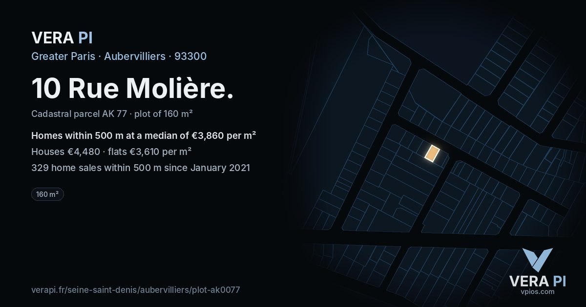 10 Rue Molière, Aubervilliers at night – the plot lit, the parcels around coloured by the prices near them
