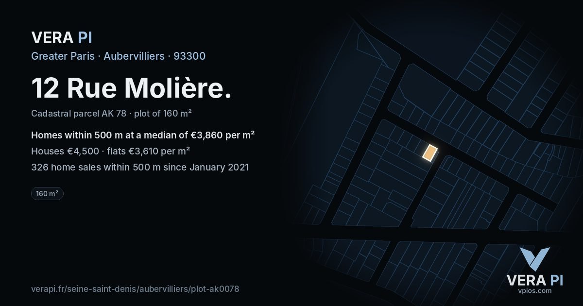 12 Rue Molière, Aubervilliers at night – the plot lit, the parcels around coloured by the prices near them
