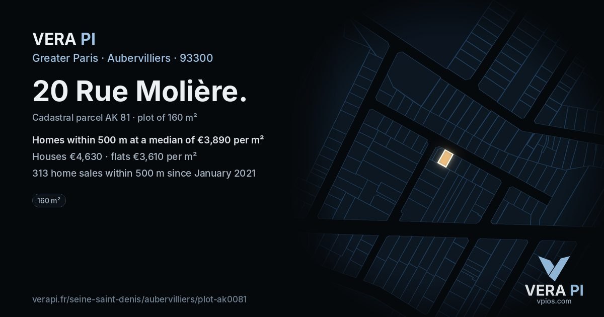 20 Rue Molière, Aubervilliers at night – the plot lit, the parcels around coloured by the prices near them