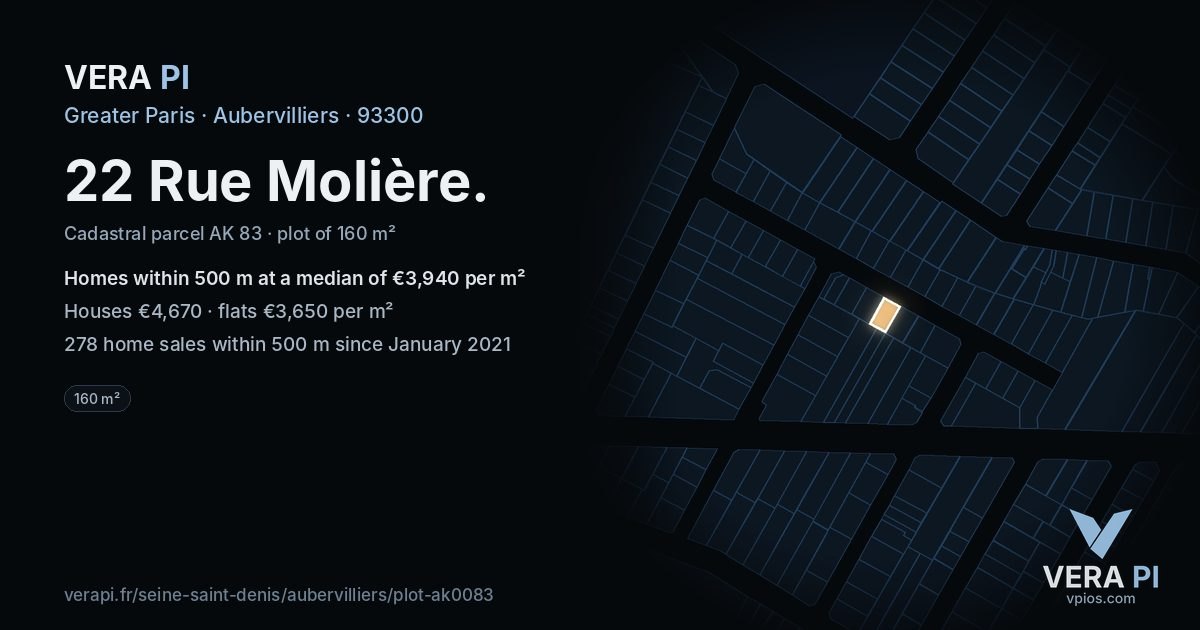 22 Rue Molière, Aubervilliers at night – the plot lit, the parcels around coloured by the prices near them