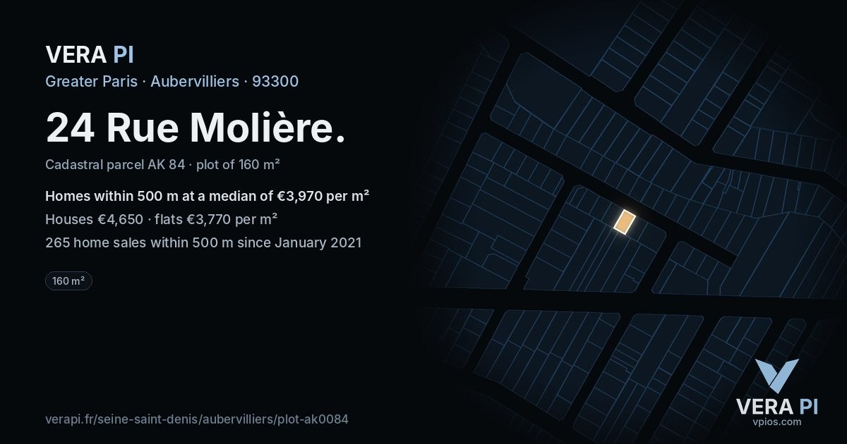 24 Rue Molière, Aubervilliers at night – the plot lit, the parcels around coloured by the prices near them
