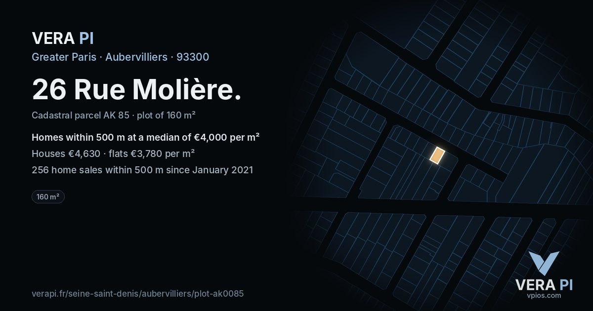 26 Rue Molière, Aubervilliers at night – the plot lit, the parcels around coloured by the prices near them