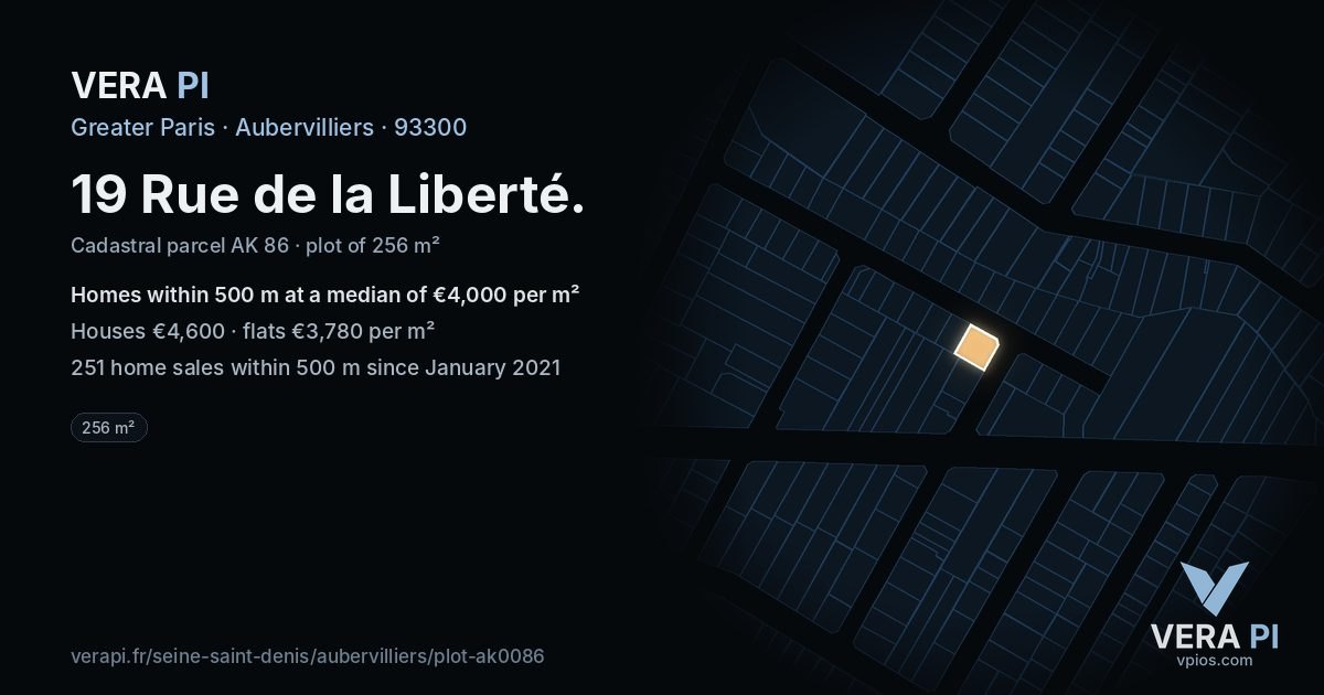 19 Rue de la Liberté, Aubervilliers at night – the plot lit, the parcels around coloured by the prices near them