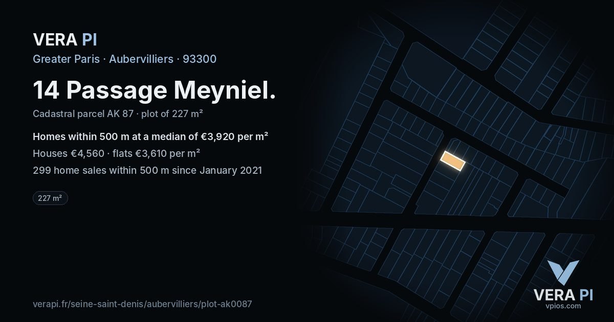 14 Passage Meyniel, Aubervilliers at night – the plot lit, the parcels around coloured by the prices near them