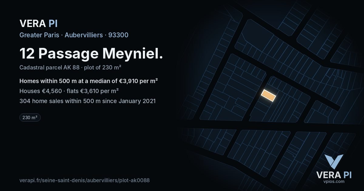 12 Passage Meyniel, Aubervilliers at night – the plot lit, the parcels around coloured by the prices near them