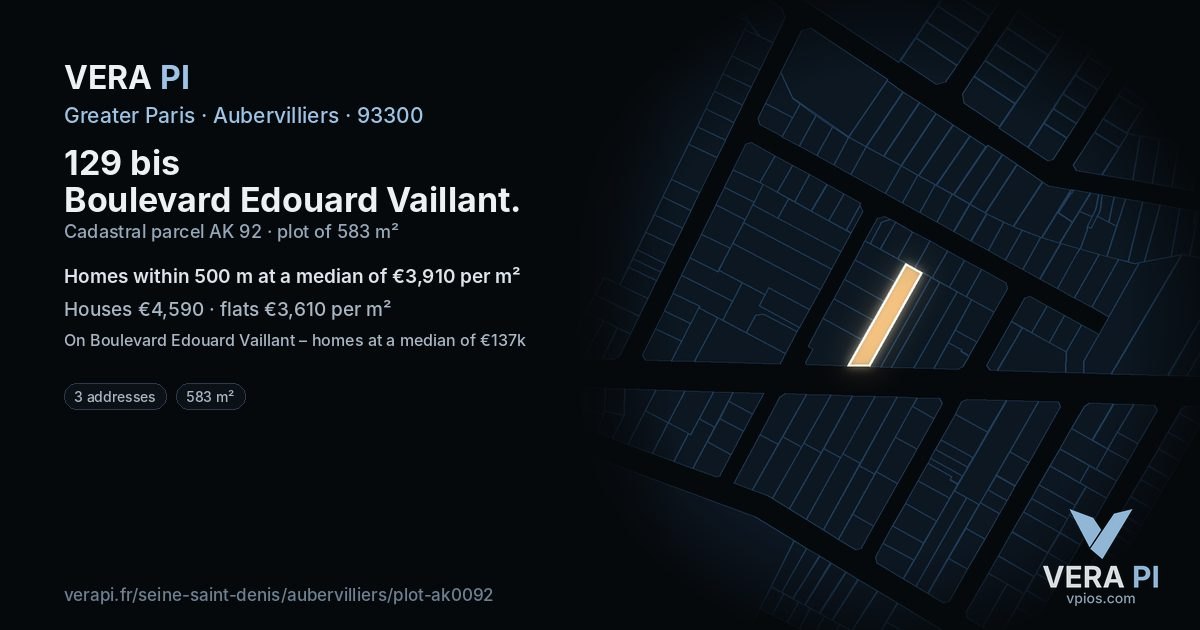 129 bis Boulevard Edouard Vaillant, Aubervilliers at night – the plot lit, the parcels around coloured by the prices near them