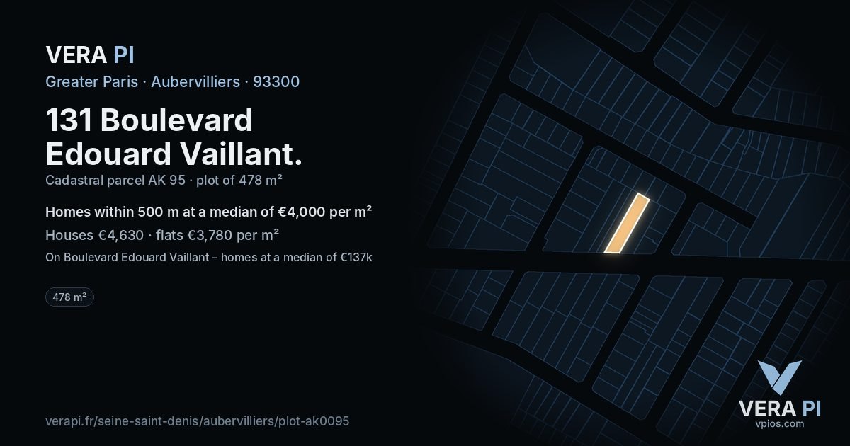 131 Boulevard Edouard Vaillant, Aubervilliers at night – the plot lit, the parcels around coloured by the prices near them