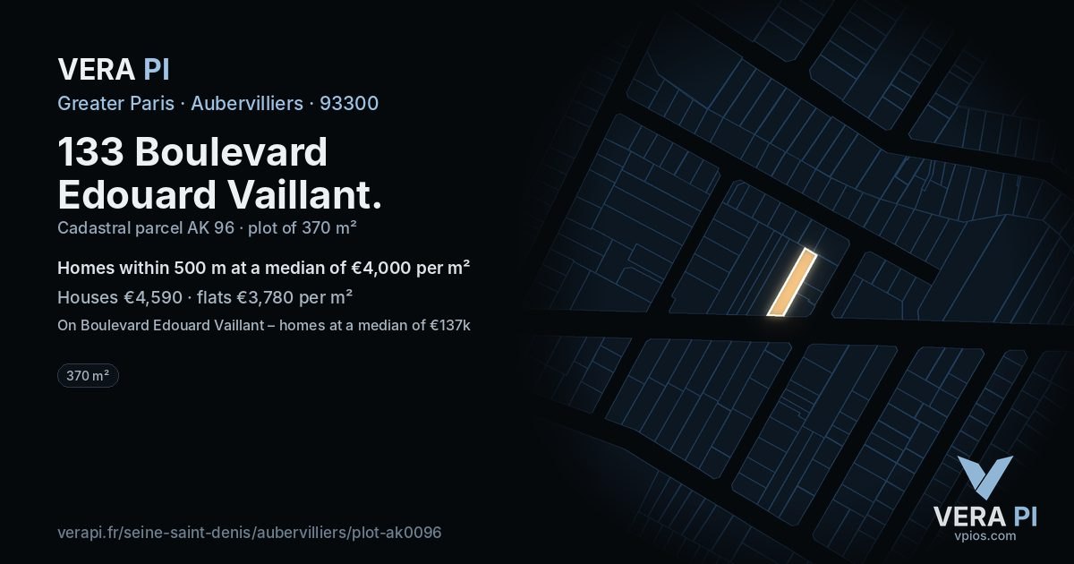 133 Boulevard Edouard Vaillant, Aubervilliers at night – the plot lit, the parcels around coloured by the prices near them