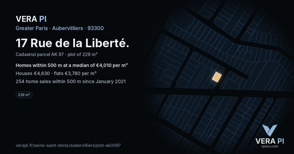 17 Rue de la Liberté, Aubervilliers at night – the plot lit, the parcels around coloured by the prices near them