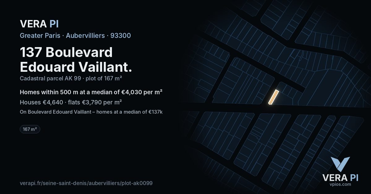 137 Boulevard Edouard Vaillant, Aubervilliers at night – the plot lit, the parcels around coloured by the prices near them