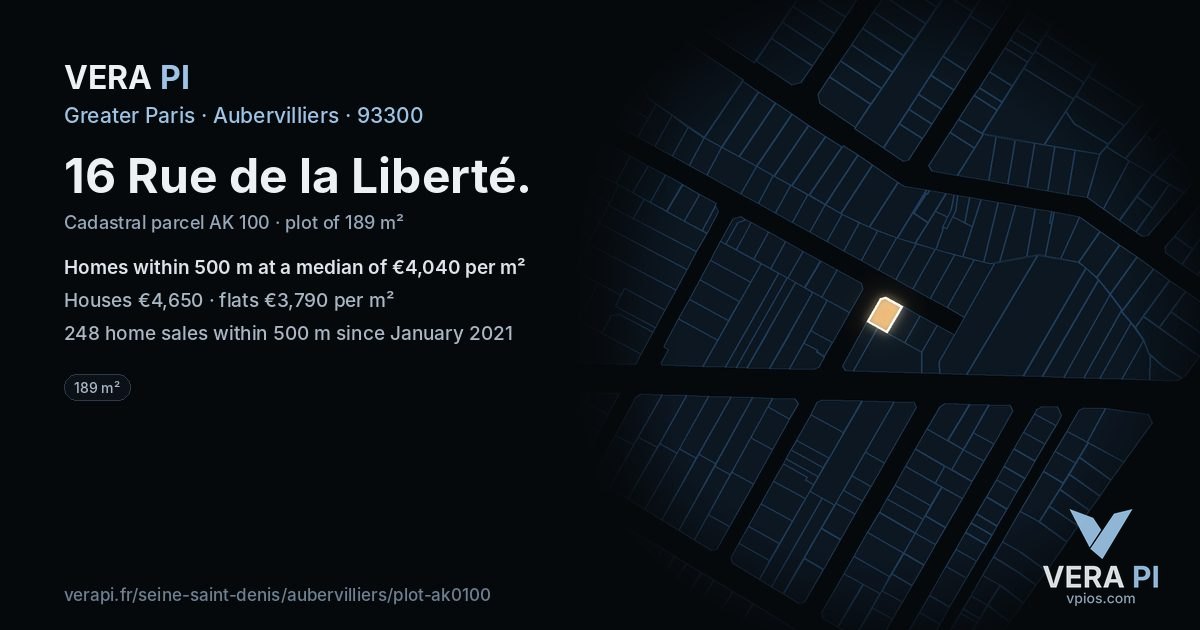 16 Rue de la Liberté, Aubervilliers at night – the plot lit, the parcels around coloured by the prices near them