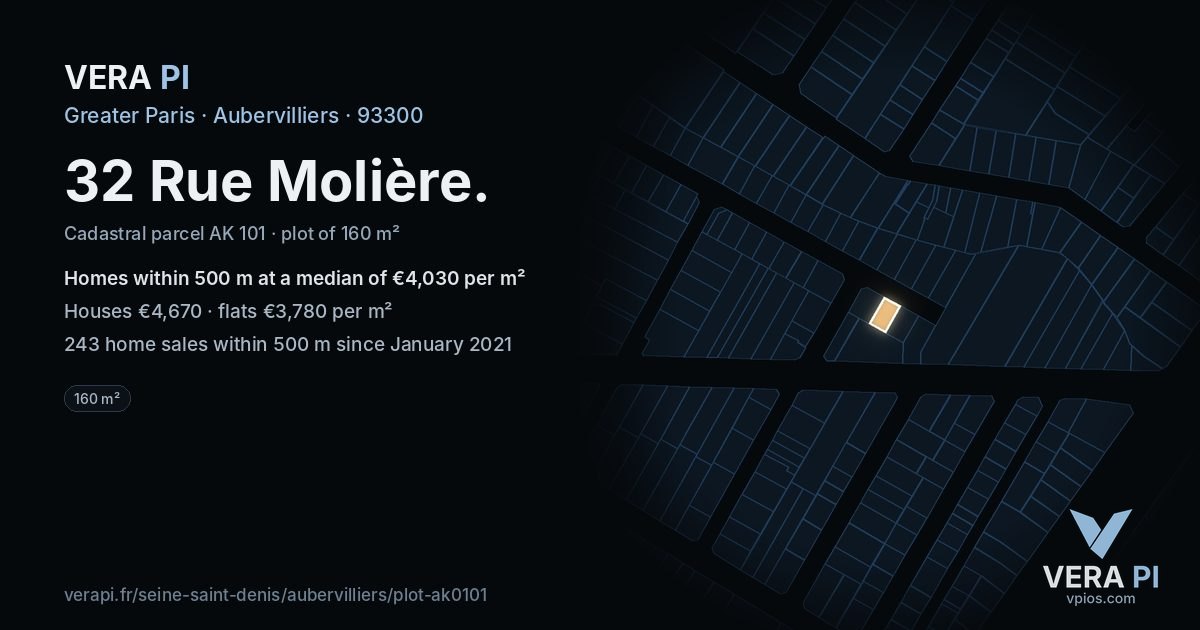 32 Rue Molière, Aubervilliers at night – the plot lit, the parcels around coloured by the prices near them