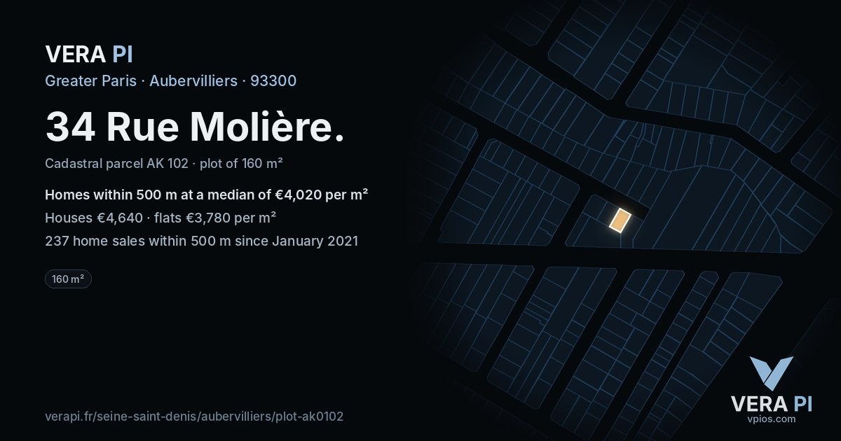 34 Rue Molière, Aubervilliers at night – the plot lit, the parcels around coloured by the prices near them