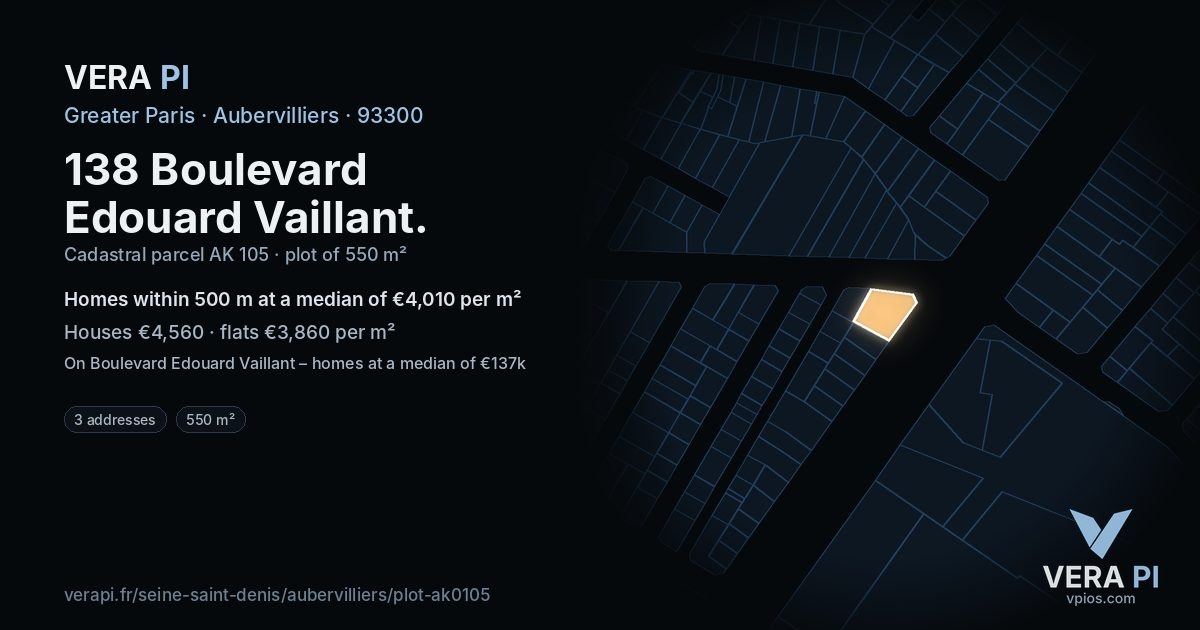 138 Boulevard Edouard Vaillant, Aubervilliers at night – the plot lit, the parcels around coloured by the prices near them