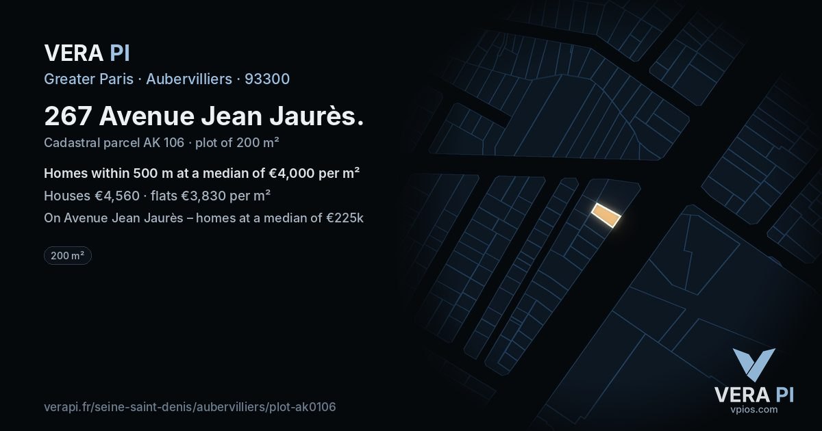 267 Avenue Jean Jaurès, Aubervilliers at night – the plot lit, the parcels around coloured by the prices near them