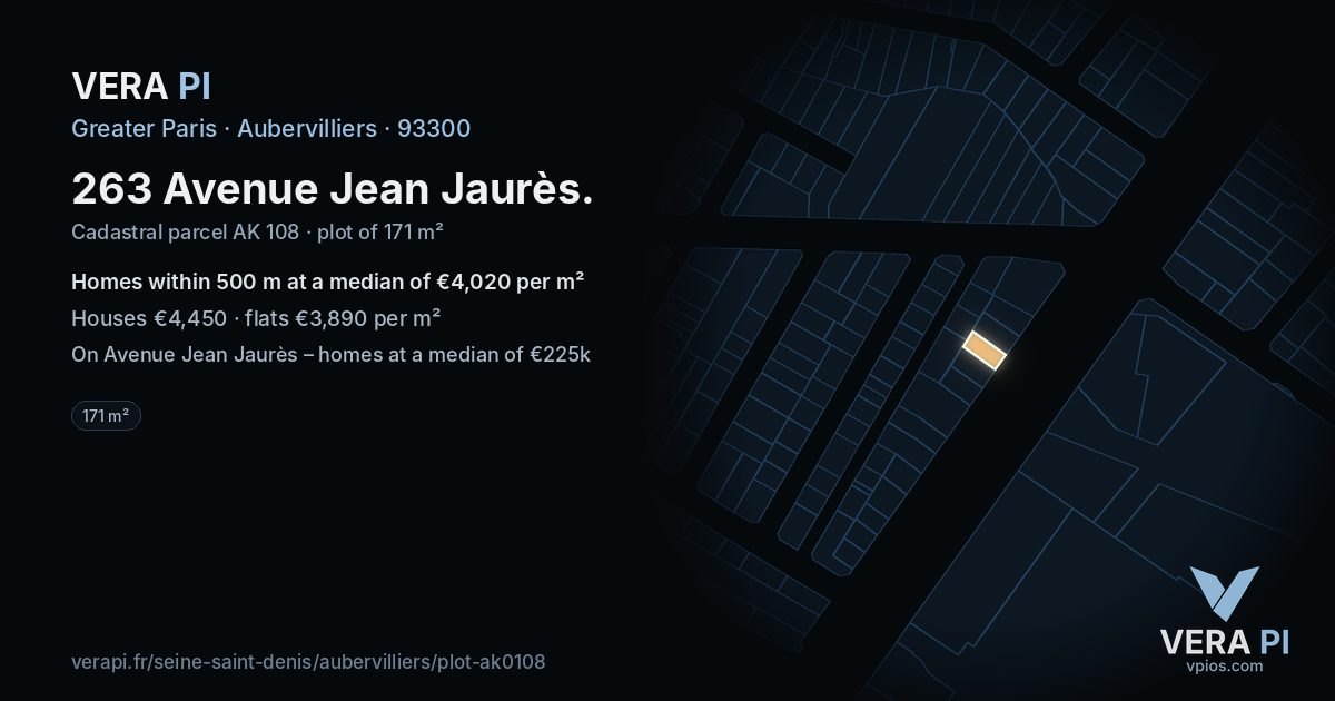263 Avenue Jean Jaurès, Aubervilliers at night – the plot lit, the parcels around coloured by the prices near them