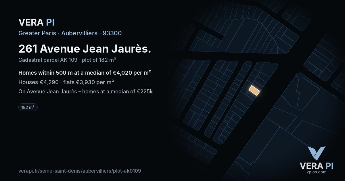 261 Avenue Jean Jaurès, Aubervilliers at night – the plot lit, the parcels around coloured by the prices near them
