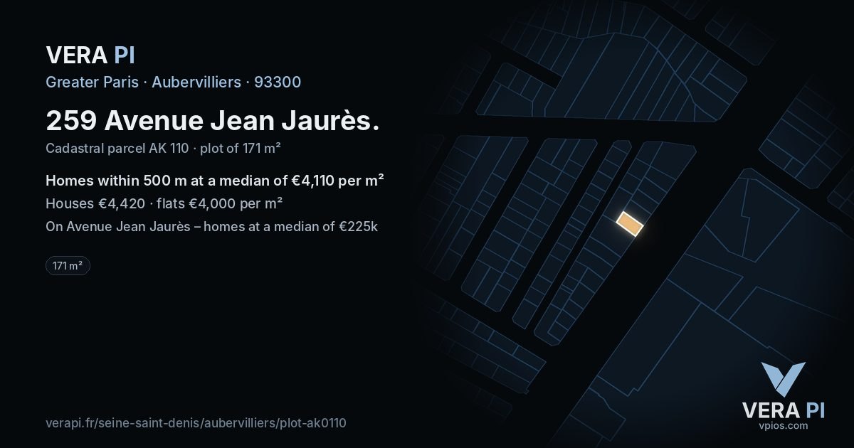 259 Avenue Jean Jaurès, Aubervilliers at night – the plot lit, the parcels around coloured by the prices near them