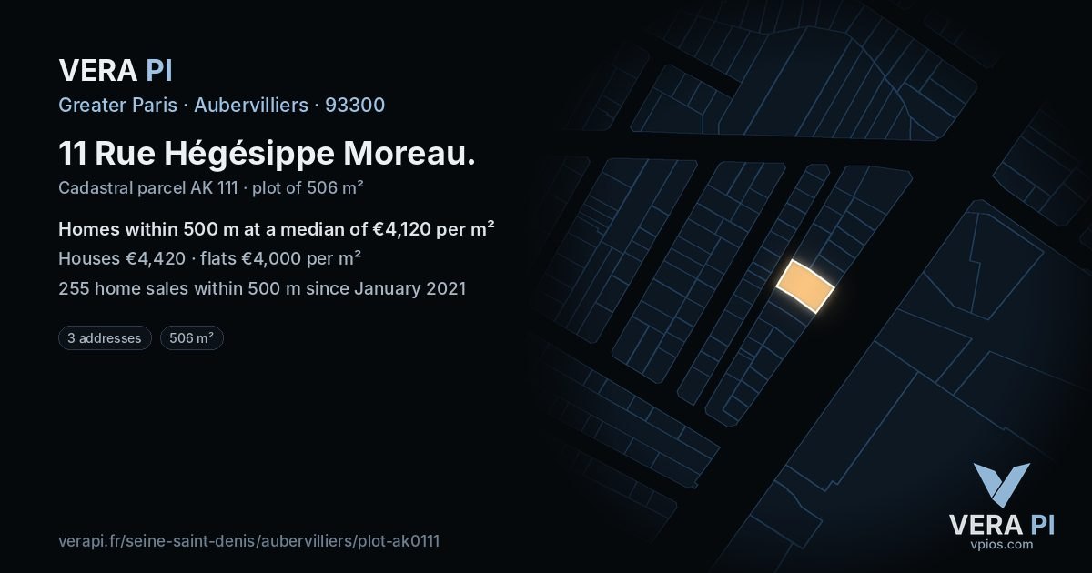 11 Rue Hégésippe Moreau, Aubervilliers at night – the plot lit, the parcels around coloured by the prices near them