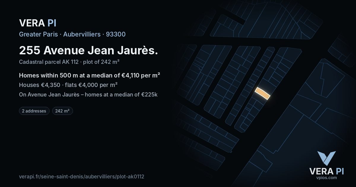 255 Avenue Jean Jaurès, Aubervilliers at night – the plot lit, the parcels around coloured by the prices near them