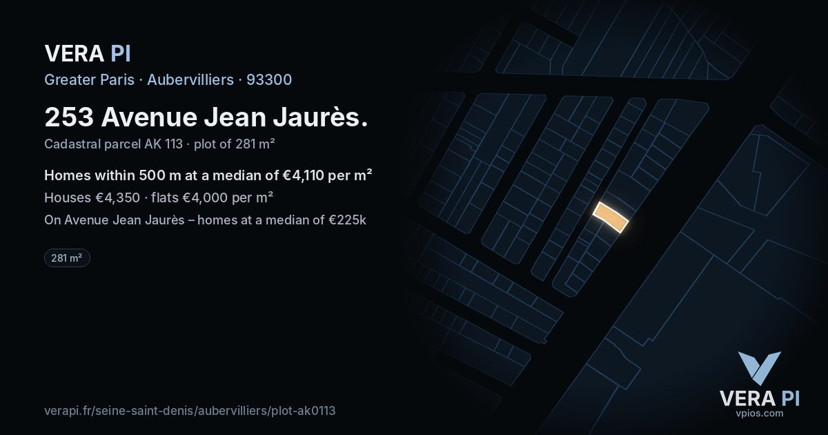 253 Avenue Jean Jaurès, Aubervilliers at night – the plot lit, the parcels around coloured by the prices near them