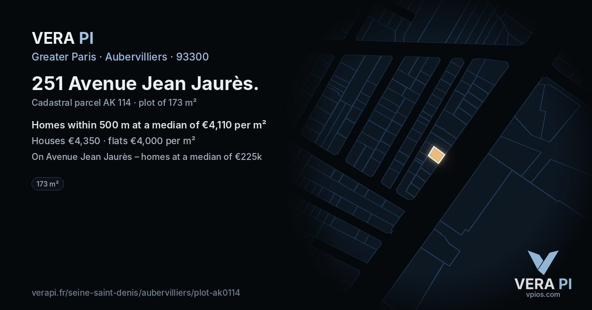 251 Avenue Jean Jaurès, Aubervilliers at night – the plot lit, the parcels around coloured by the prices near them