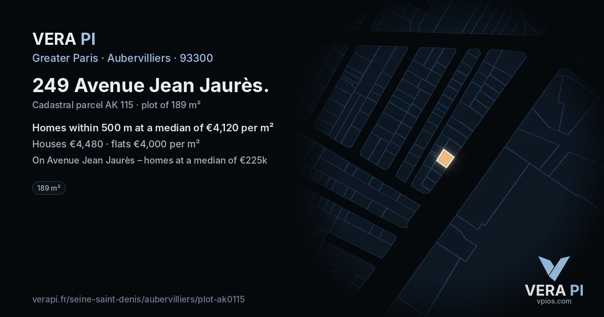 249 Avenue Jean Jaurès, Aubervilliers at night – the plot lit, the parcels around coloured by the prices near them