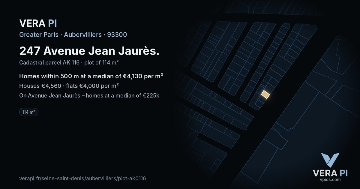 247 Avenue Jean Jaurès, Aubervilliers at night – the plot lit, the parcels around coloured by the prices near them
