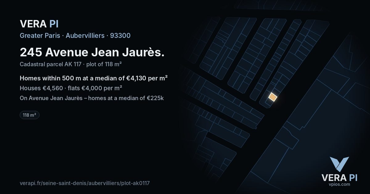 245 Avenue Jean Jaurès, Aubervilliers at night – the plot lit, the parcels around coloured by the prices near them