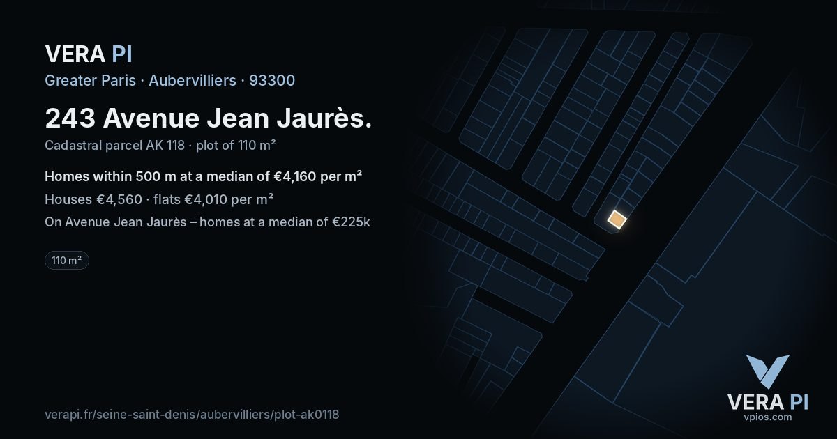 243 Avenue Jean Jaurès, Aubervilliers at night – the plot lit, the parcels around coloured by the prices near them