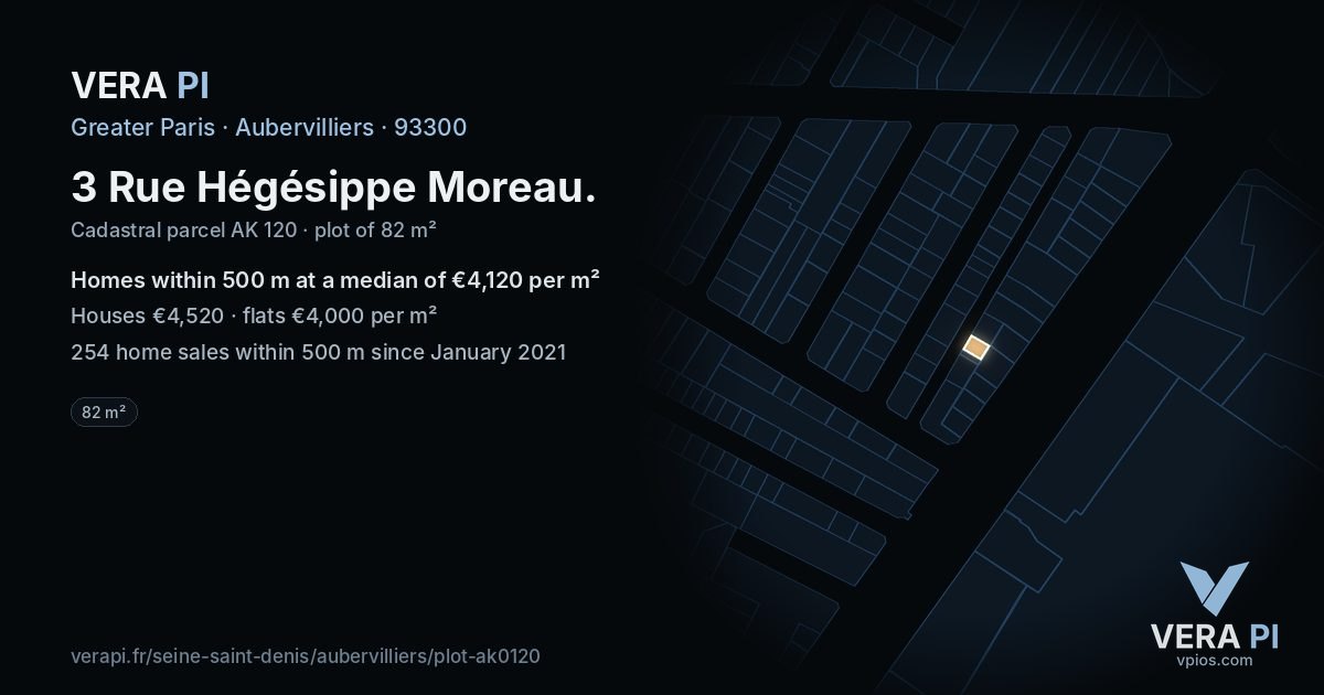 3 Rue Hégésippe Moreau, Aubervilliers at night – the plot lit, the parcels around coloured by the prices near them