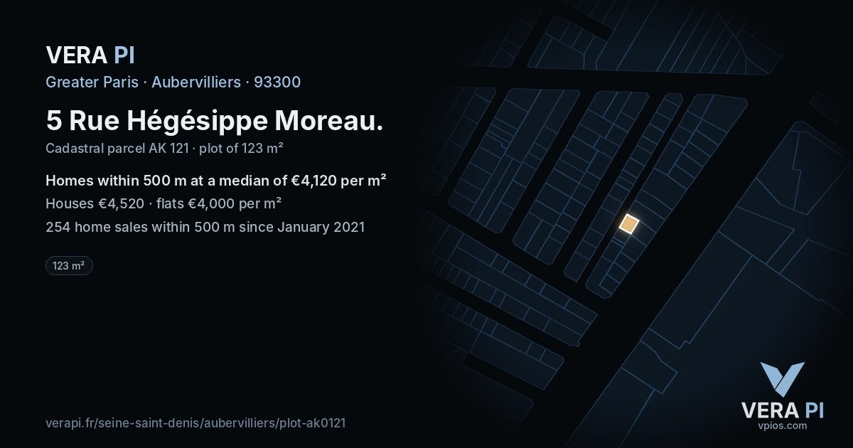 5 Rue Hégésippe Moreau, Aubervilliers at night – the plot lit, the parcels around coloured by the prices near them