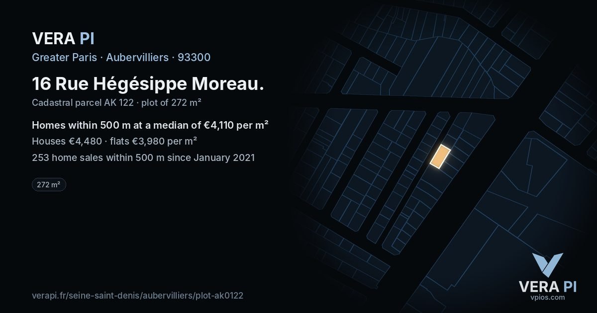 16 Rue Hégésippe Moreau, Aubervilliers at night – the plot lit, the parcels around coloured by the prices near them