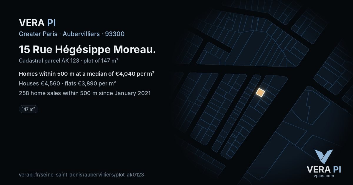 15 Rue Hégésippe Moreau, Aubervilliers at night – the plot lit, the parcels around coloured by the prices near them