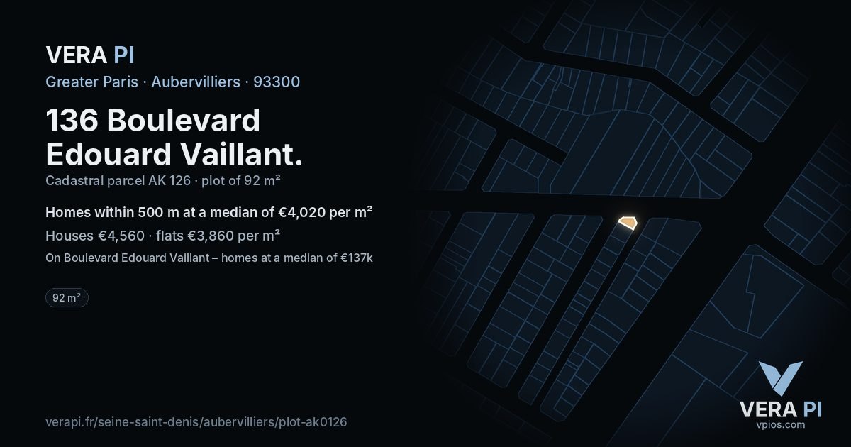 136 Boulevard Edouard Vaillant, Aubervilliers at night – the plot lit, the parcels around coloured by the prices near them