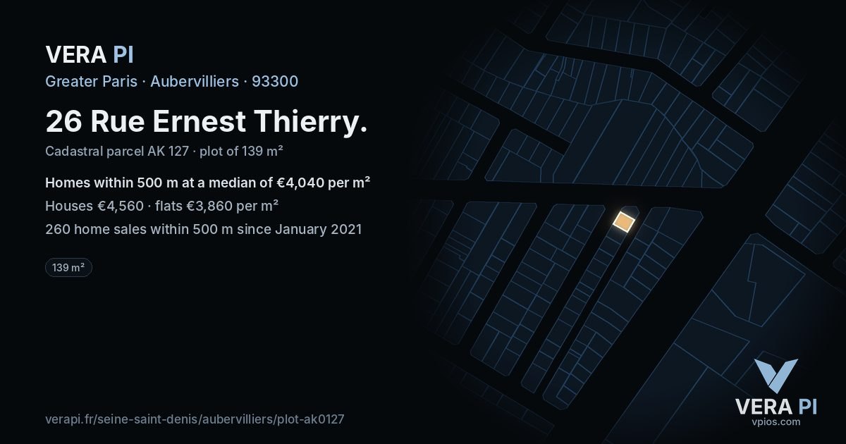 26 Rue Ernest Thierry, Aubervilliers at night – the plot lit, the parcels around coloured by the prices near them