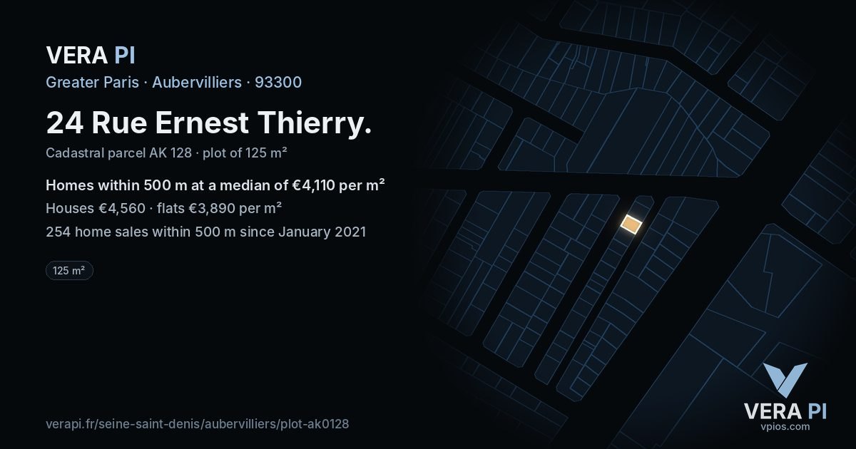 24 Rue Ernest Thierry, Aubervilliers at night – the plot lit, the parcels around coloured by the prices near them