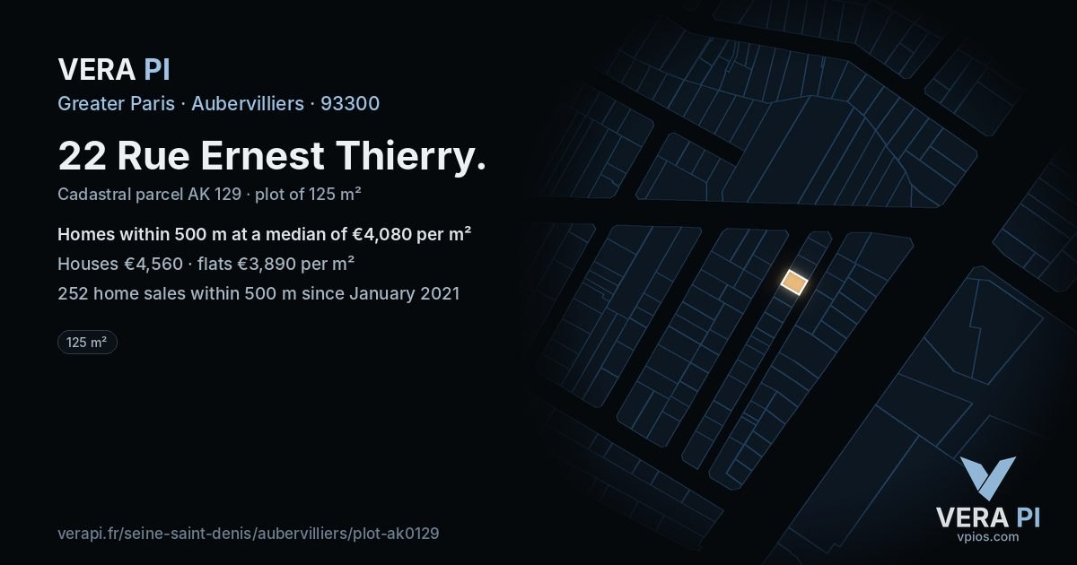 22 Rue Ernest Thierry, Aubervilliers at night – the plot lit, the parcels around coloured by the prices near them