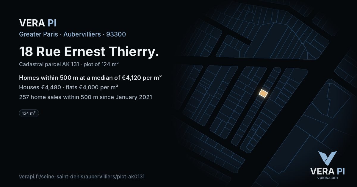 18 Rue Ernest Thierry, Aubervilliers at night – the plot lit, the parcels around coloured by the prices near them