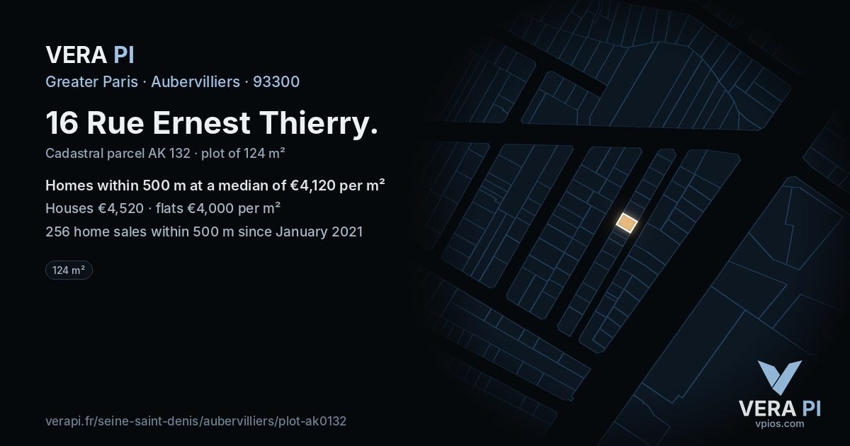16 Rue Ernest Thierry, Aubervilliers at night – the plot lit, the parcels around coloured by the prices near them