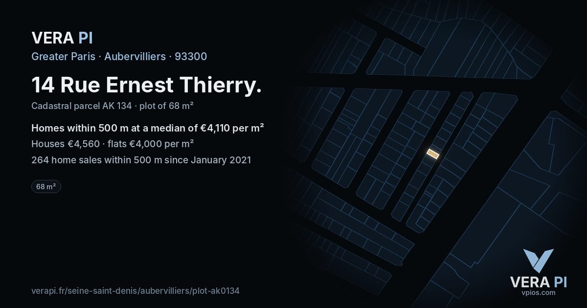 14 Rue Ernest Thierry, Aubervilliers at night – the plot lit, the parcels around coloured by the prices near them