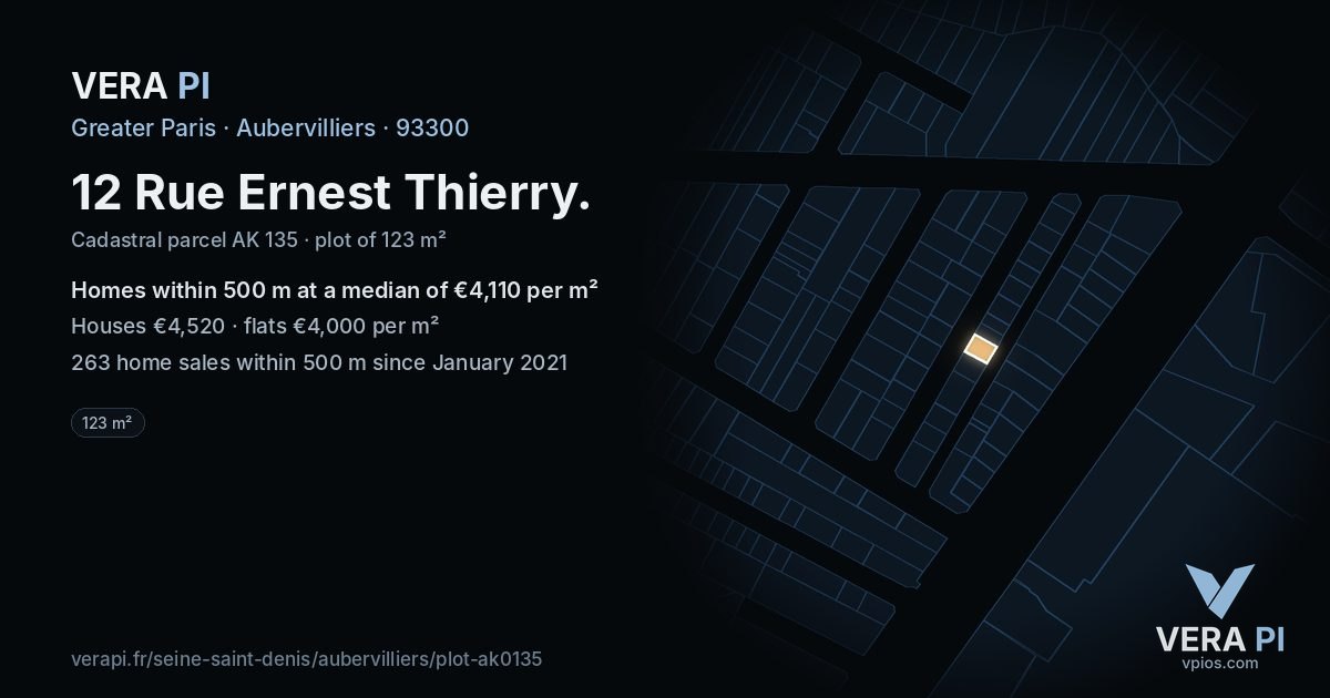 12 Rue Ernest Thierry, Aubervilliers at night – the plot lit, the parcels around coloured by the prices near them