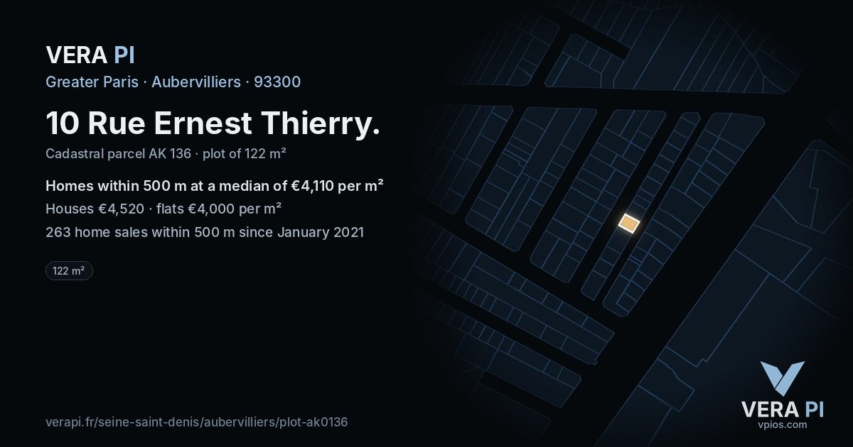 10 Rue Ernest Thierry, Aubervilliers at night – the plot lit, the parcels around coloured by the prices near them