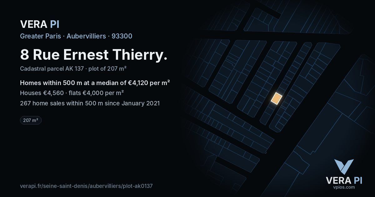 8 Rue Ernest Thierry, Aubervilliers at night – the plot lit, the parcels around coloured by the prices near them