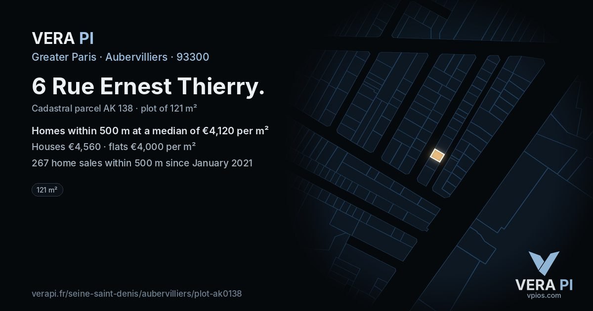 6 Rue Ernest Thierry, Aubervilliers at night – the plot lit, the parcels around coloured by the prices near them